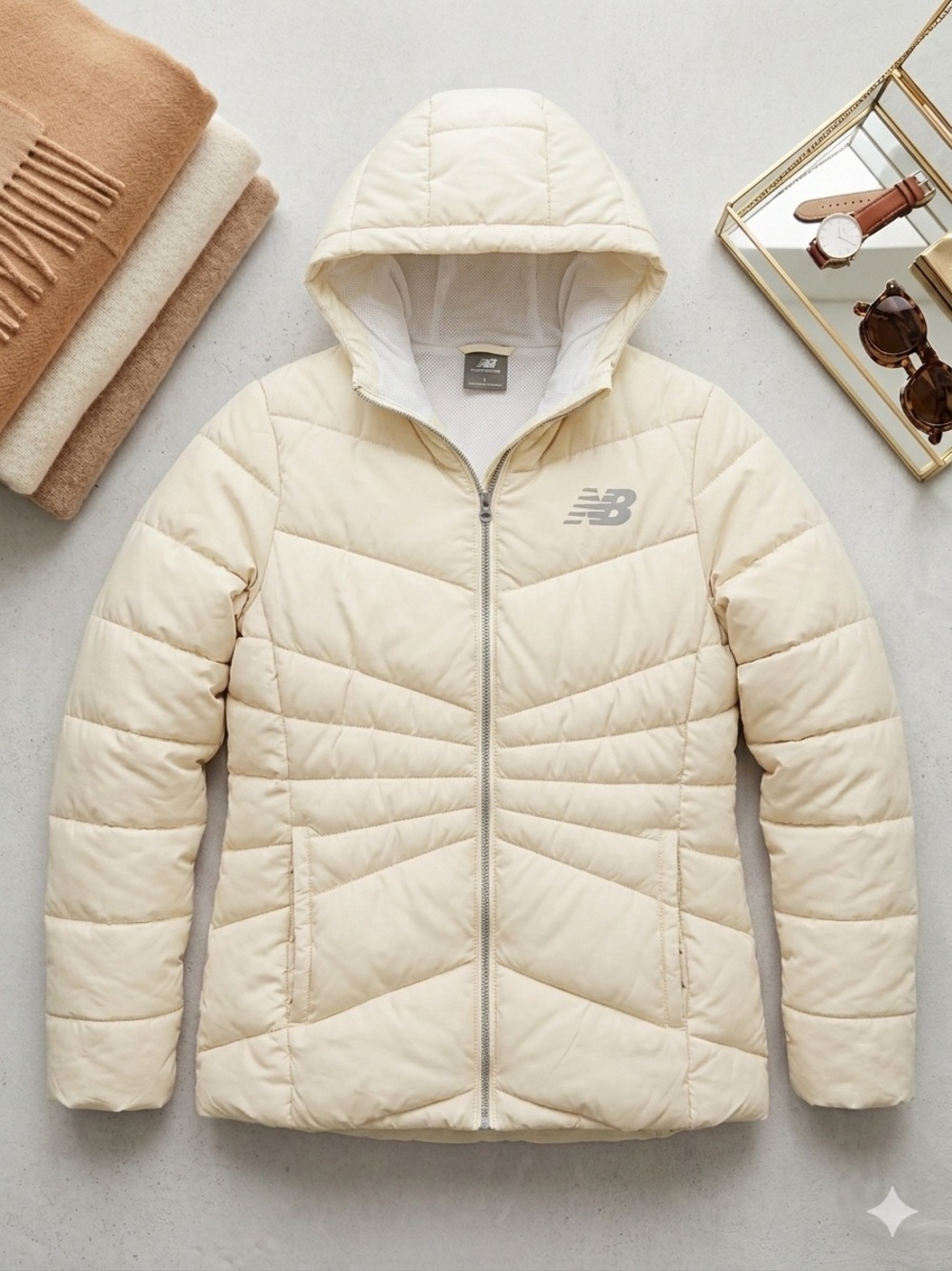 Everywhere Jacket - New Balance Women's Cream Quilted Hooded Puffer Jacket